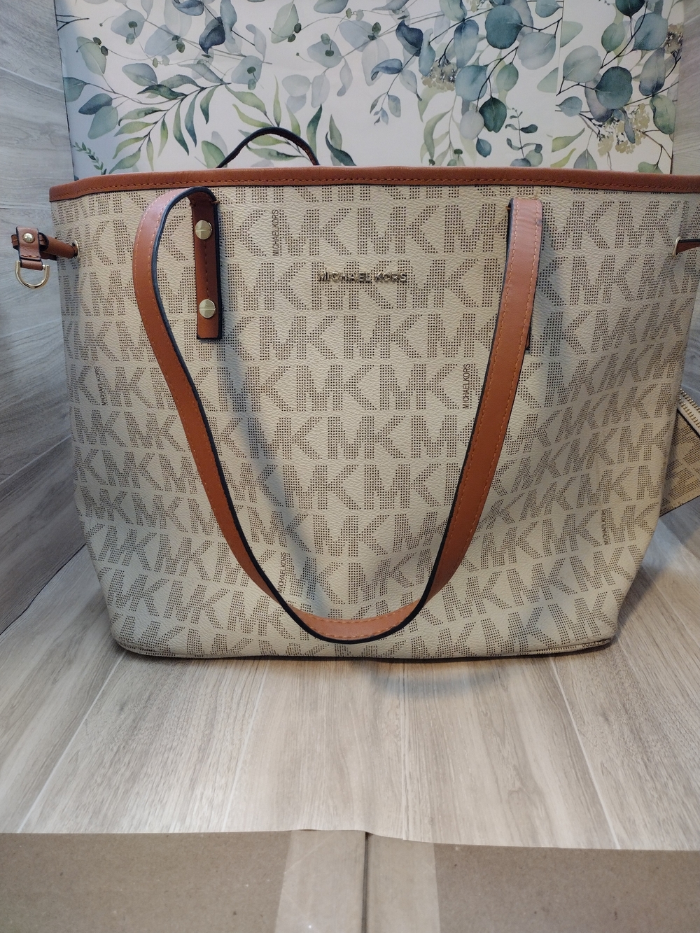 Michael Kors Beige Logo Tote with Brown Trim